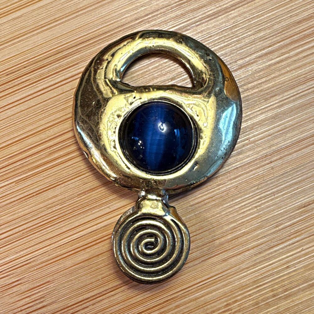 GOLD TONE BLUE ROUND CABOCHON BEZEL SET DANGLE Pendant 2 IN